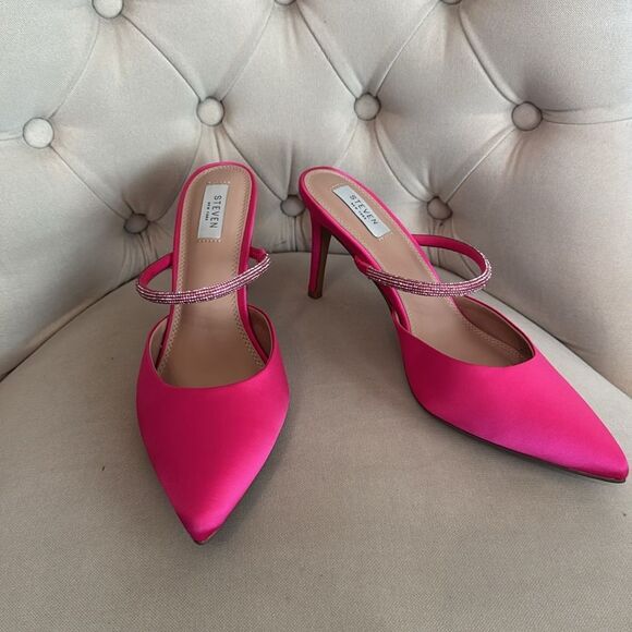 Pink Satin Pointed-Toe Heels with Crystal Straps - Picture 2 of 8